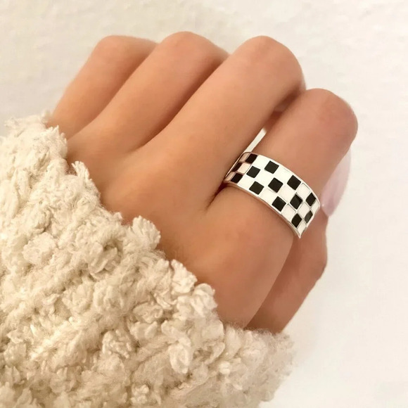 Jewelry - 925 SSterling Silver Checkered Ring Checkerboard Ring Minimalist Wide Ring